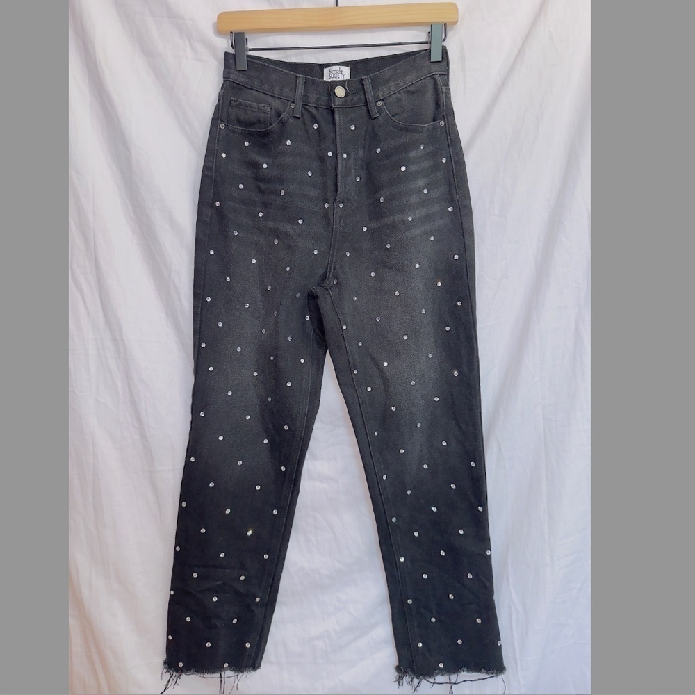 Simple Society Black Wash High Waisted Rhinestone Embellished Straight Leg Jean